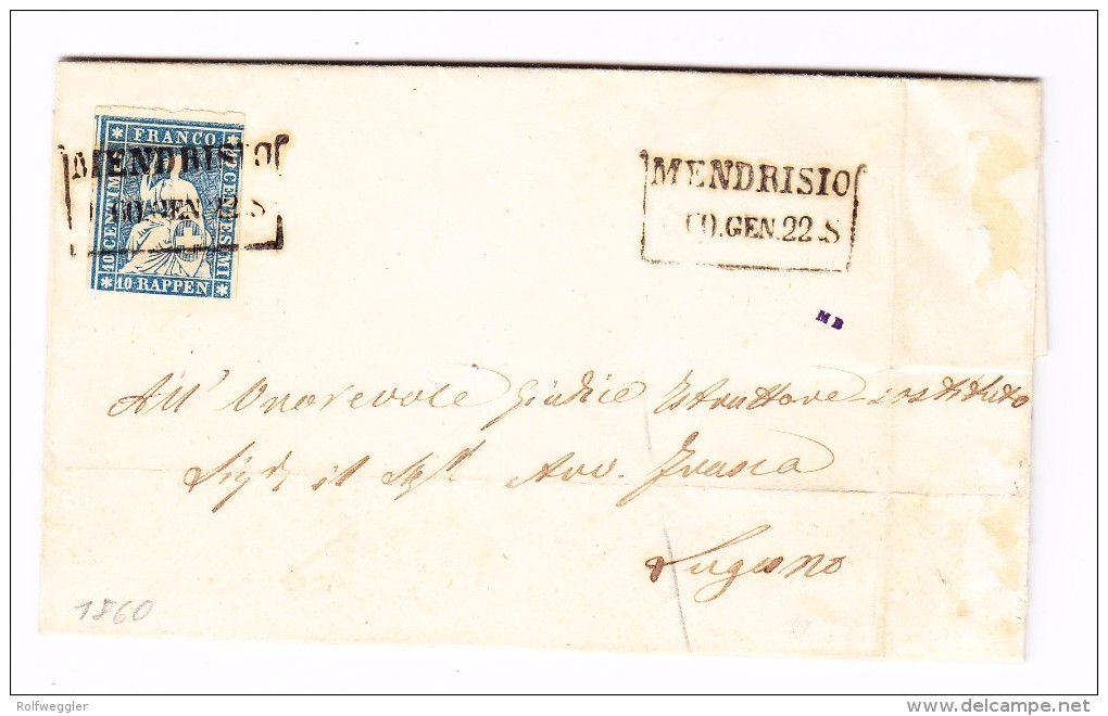 Heimat Tessin Mendrisio 22.Gen.1860 Kastenstempel Mit 10Rp. Strubel Auf Brief Nach Lugano - Storia Postale