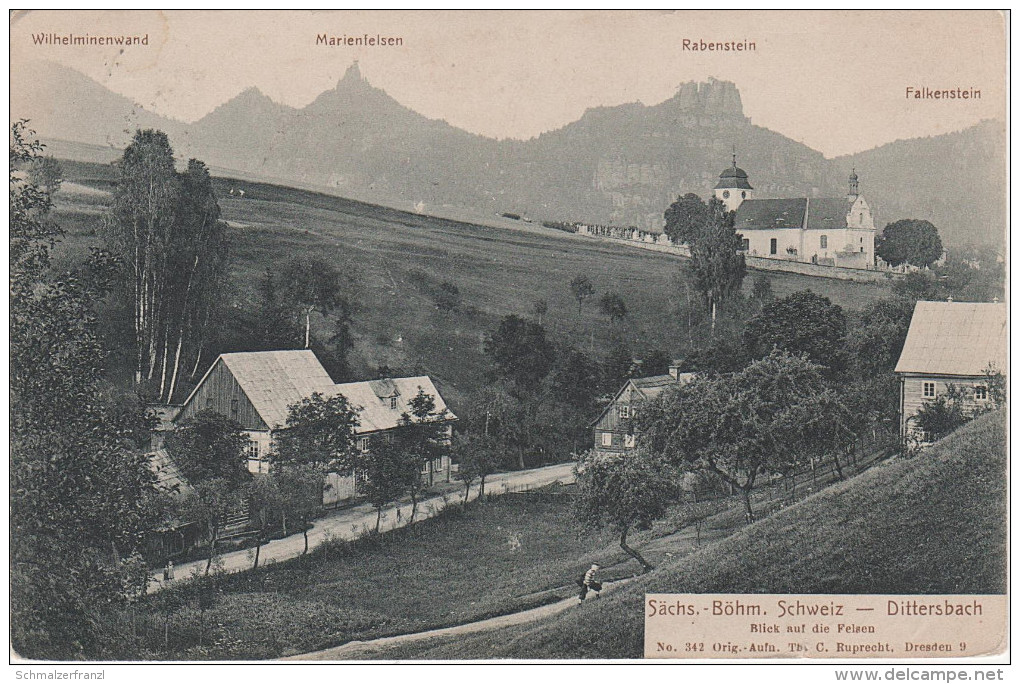 AK Dittersbach Jetrichovice Kirche Gasthof Marienfelsen Rabenstein Falkenstein Stempel A Kreibitz Khaa Böhmische Schweiz - Sudeten