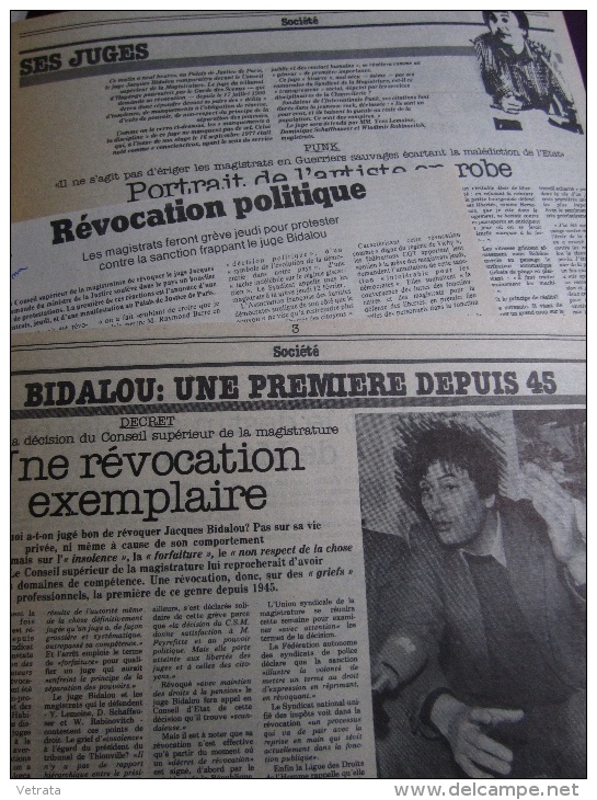 Affaire Bidalou, Magistrat Révoqué : Dossier Composé De 16 Articles (Dont 1 Photocopie) Parus De 1980 À 1999 (Libération - Giornali - Ante 1800