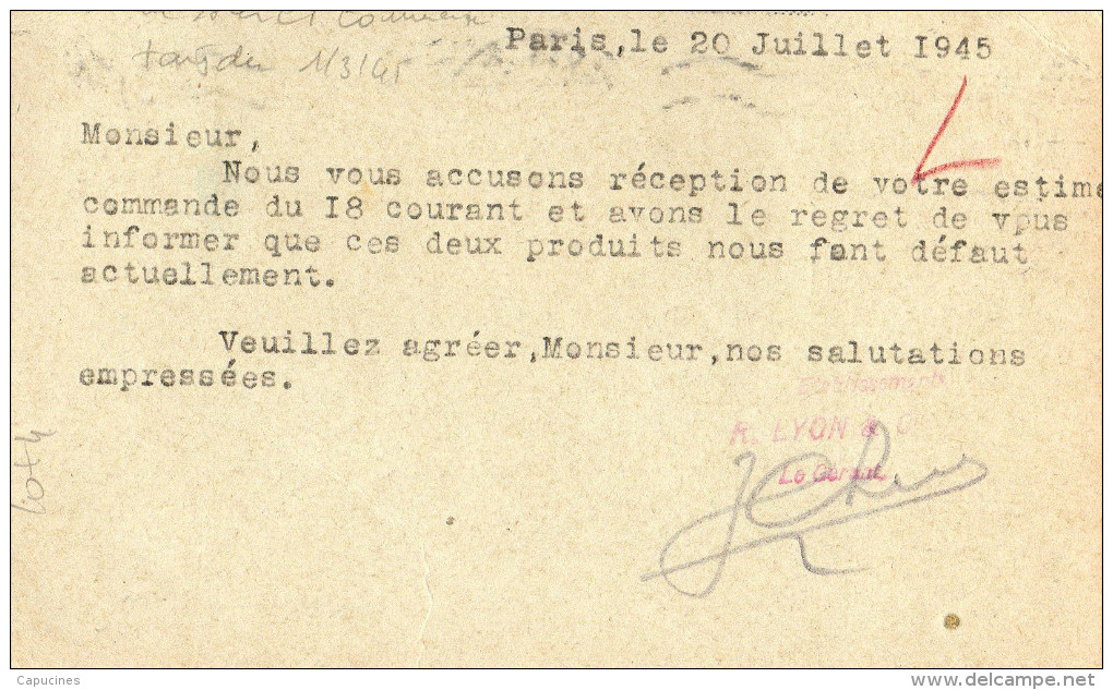 MARIANNE DE DULAC 1945 -   Affranch. D'une CP Commerciale Avec Le1,50F Groseille (tarif Du 1/3/1945) - 1944-45 Marianne Van Dulac