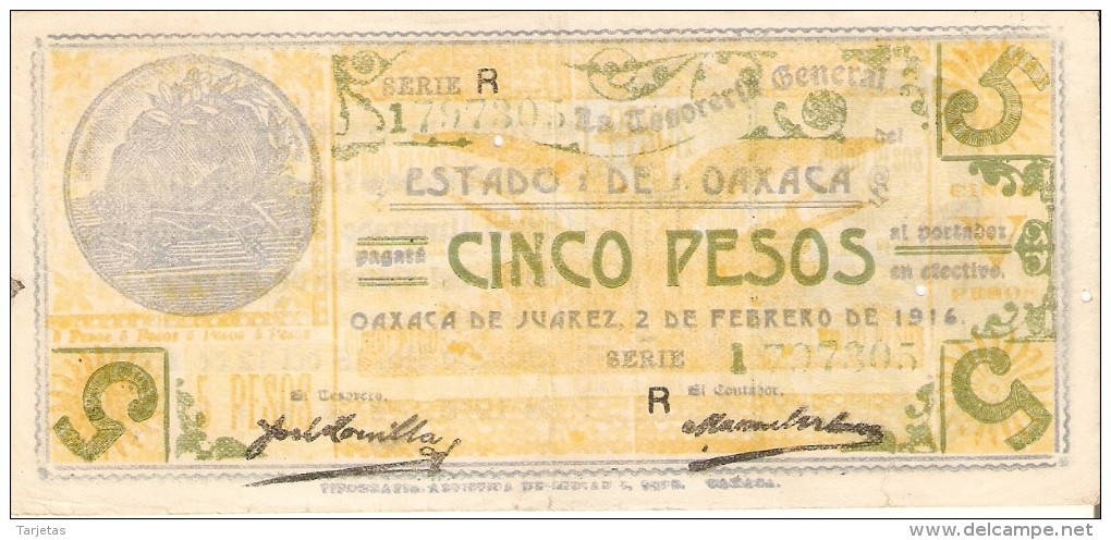 BILLETE DE MEXICO DE 5 PESOS DEL ESTADO DE OAXACA DEL 2 DE FEBRERO DEL 1916   (BANKNOTE) ROTURA - Mexiko