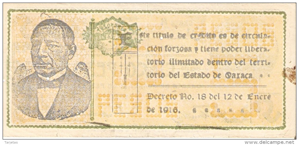 BILLETE DE MEXICO DE 5 PESOS DEL ESTADO DE OAXACA DEL 2 DE FEBRERO DEL 1916   (BANKNOTE) ROTURA - Mexiko