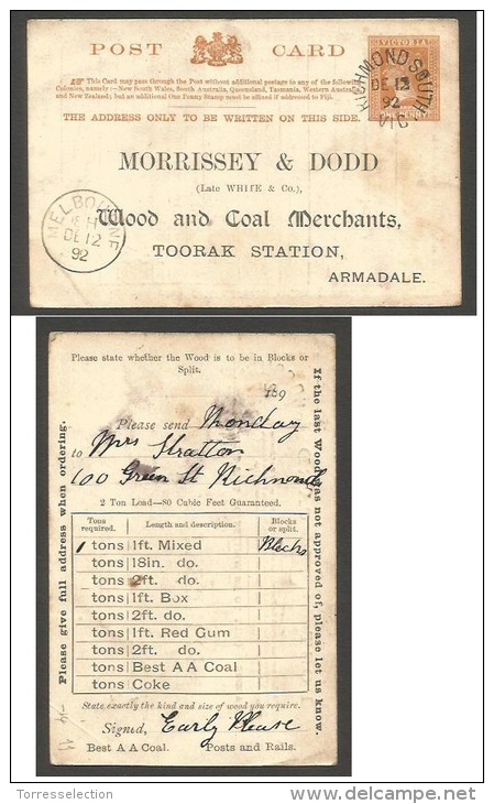 AUSTRALIA. Cartas. 1892 (12 Dec). Victoria. Richmond South Armadale. 1d Orange Local Stat Card Used Comercially Print... - Other & Unclassified