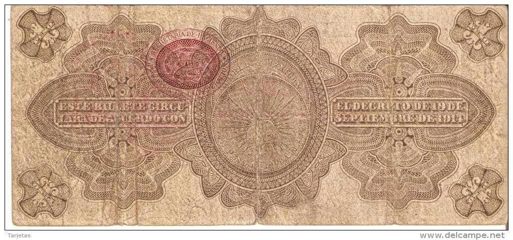 BILLETE DE MEXICO DE 1 PESO DEL AÑO 1914 RESELLO REPUBLICA MEXICANA  (BANKNOTE) RARO - Mexiko