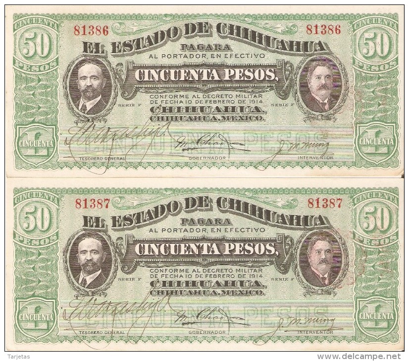 PAREJA CORRELATIVA DE MEXICO DE 50 PESOS DEL AÑO 1914 ESTADO DE CHIHUAHUA (BANKNOTE) SIN CIRCULAR-UNCIRCULATED - Mexique