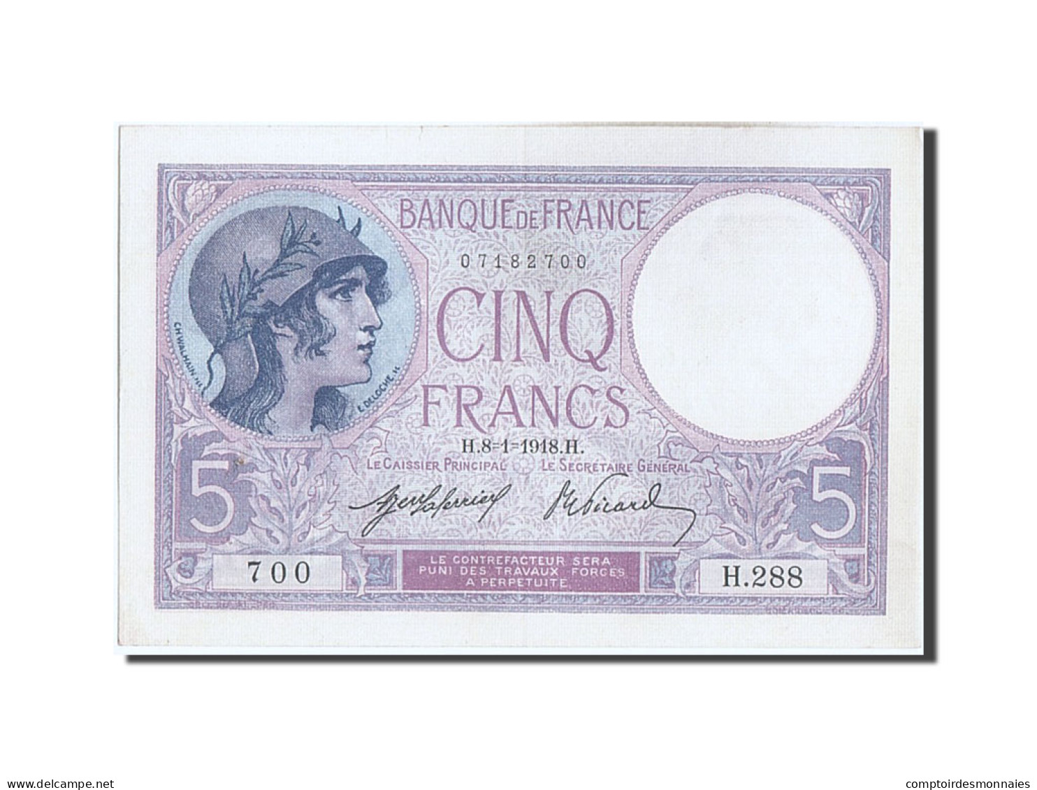 Billet, France, 5 Francs, 5 F 1917-1940 ''Violet'', 1918, 1918-01-08, SUP+ - 5 F 1917-1940 ''Violet''