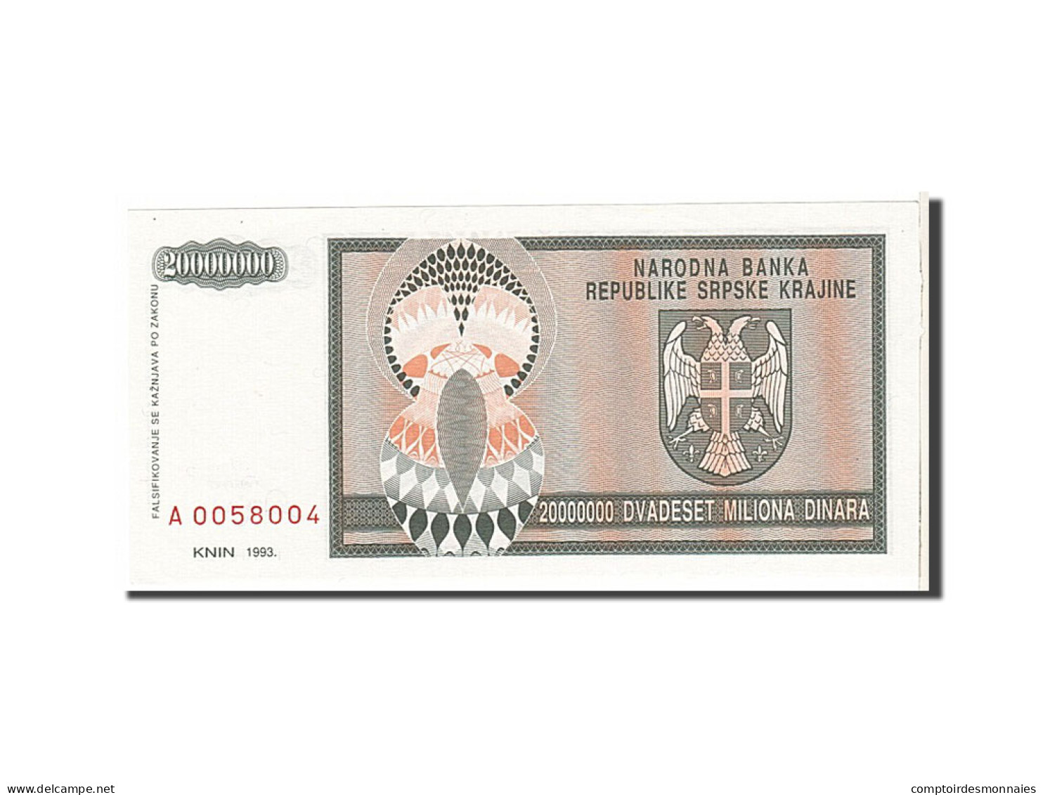 Billet, Croatie, 20 Million Dinara, 1993, KM:R13a, SPL - Croatie