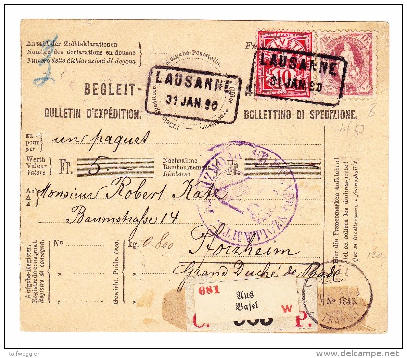 Heimat VD Lausanne 31.1.1890 Im Kasten Auf Paketkarte Mit Mischfrankatur 1Fr. Stehende Mit 10Rp Ziffer Nach Pforzheim - Lettres & Documents
