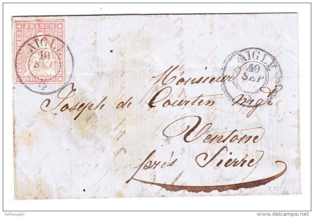Heimat VD Aigle 10.9 Doppelkreis Stempel (1861) 15Rp. Strubel Rosa #24G Auf Brief Nach Venthône/Sierre Attest Berra - Storia Postale