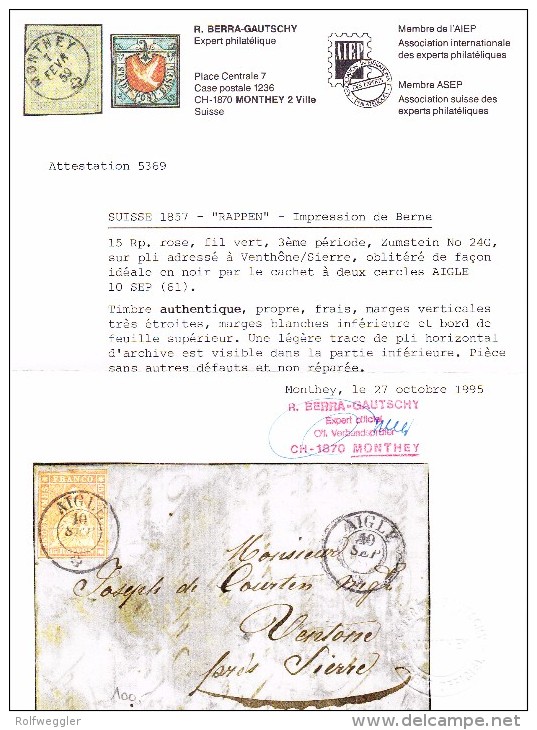 Heimat VD Aigle 10.9 Doppelkreis Stempel (1861) 15Rp. Strubel Rosa #24G Auf Brief Nach Venthône/Sierre Attest Berra - Storia Postale