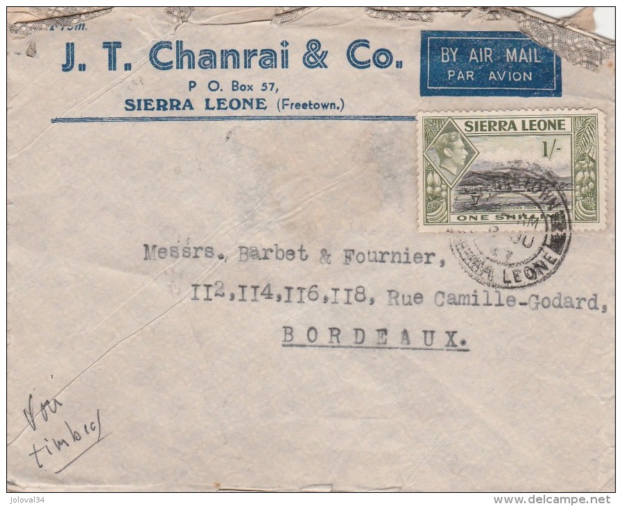 Lettre De Freetown SIERRA LEONE 1947 Pour  Bordeaux Gironde France - Sierra Leone (...-1960)