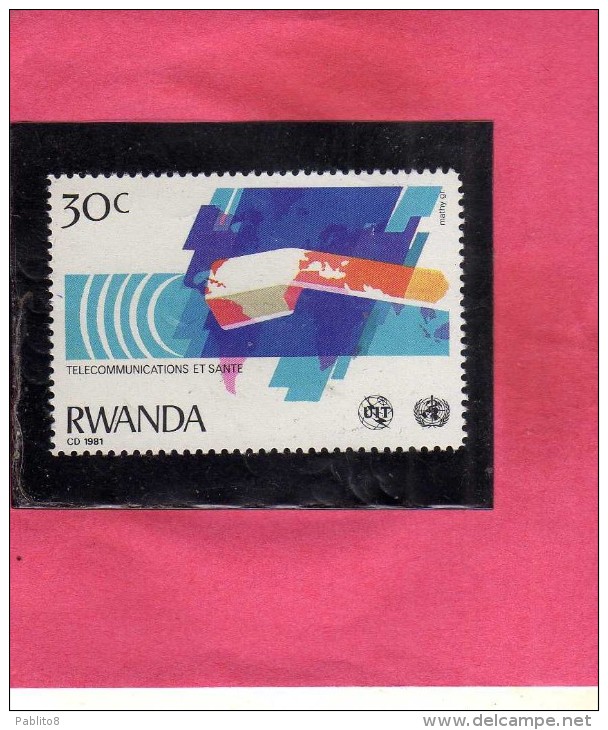 RWANDA 1981 TELECOMMUNICATIONS ET SANTE HEALTH MAP COMMUNICATION WAVES SALUTE MAPPA COMUNICAZIONE A ONDE CENT. 30 MNH - Nuovi