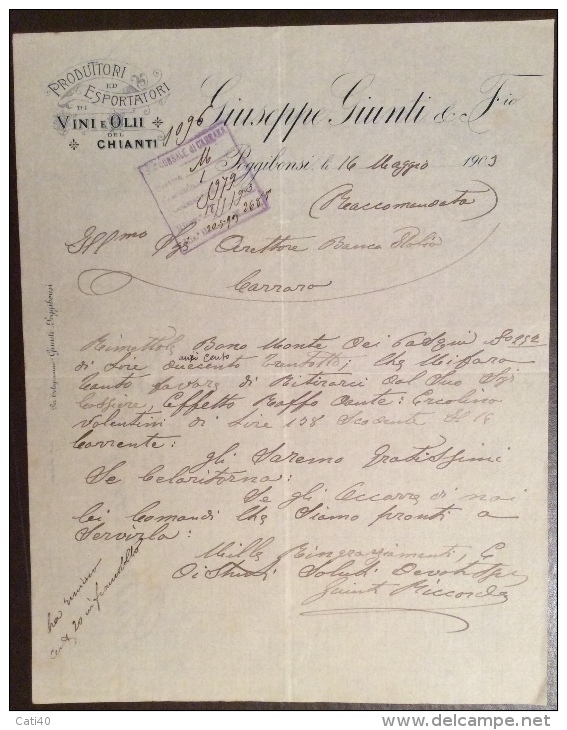 POGGIBONSI 1903 - VINI DEL CHIANTI E OLIO GIUSEPPE GIUNTI & F.IO - LETTERA  PUBBLICITARIA CON  FIRMA AUTOGRAFA - Pubblicitari