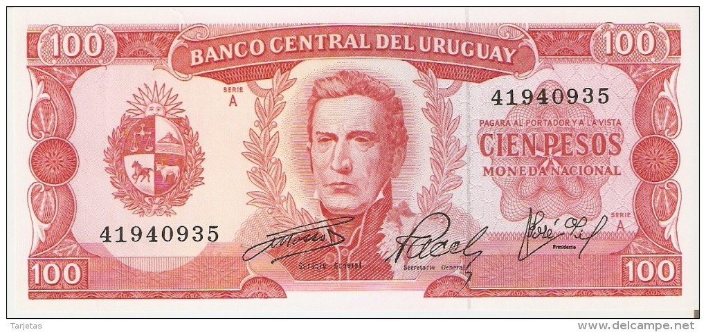 BILLETE DE URUGUAY DE 100 PESOS DEL AÑO 1967  (BANKNOTE) SIN CIRCULAR-UNCIRCULATED - Uruguay