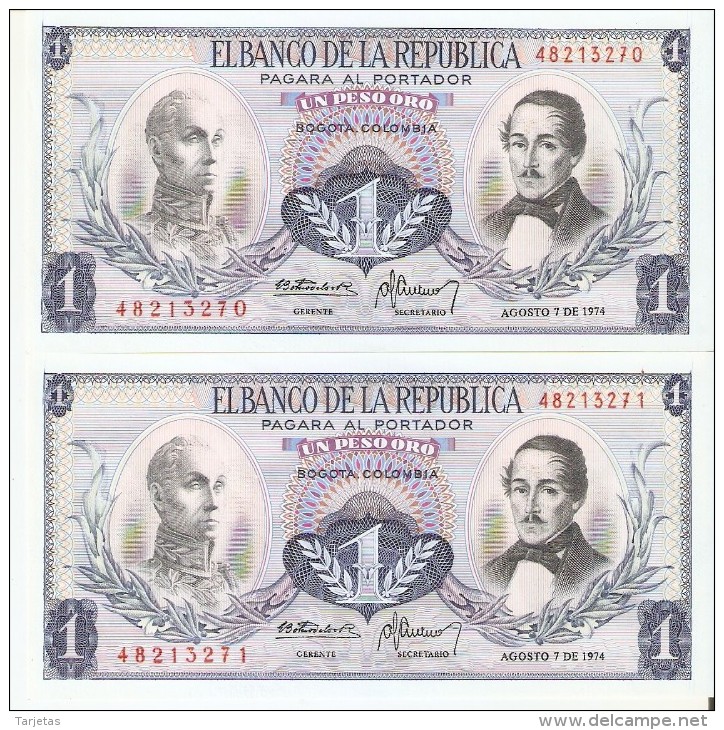 PAREJA CORRELATIVA DE COLOMBIA DE 1 PESO DE ORO DEL AÑO 1974  (BANK NOTE) SIN CIRCULAR-UNCIRCULATED - Colombia