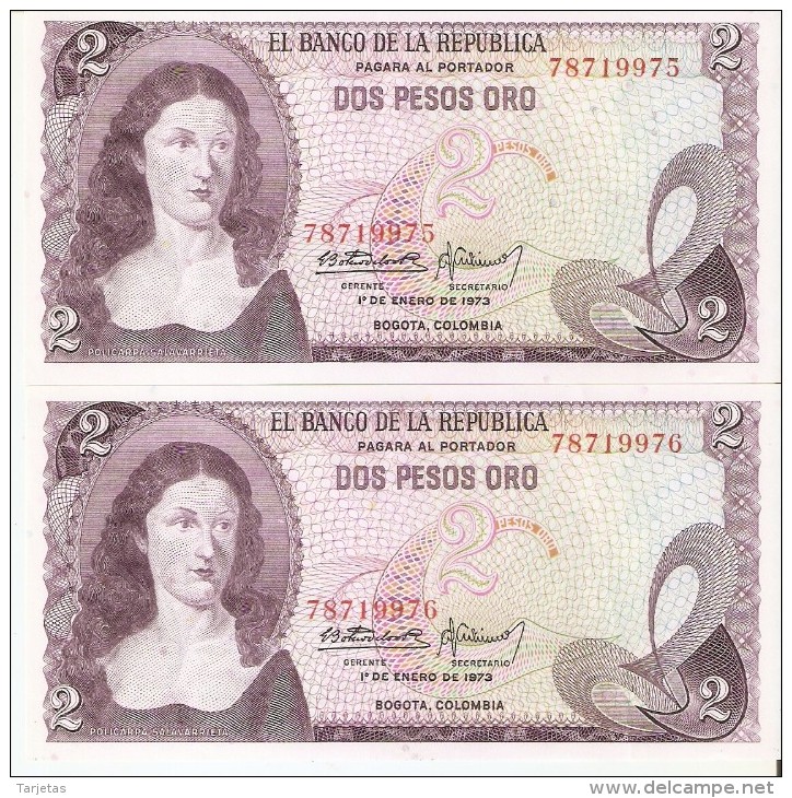 PAREJA CORRELATIVA DE COLOMBIA DE 2 PESOS DE ORO DEL AÑO 1973  (BANK NOTE) SIN CIRCULAR-UNCIRCULATED - Colombia