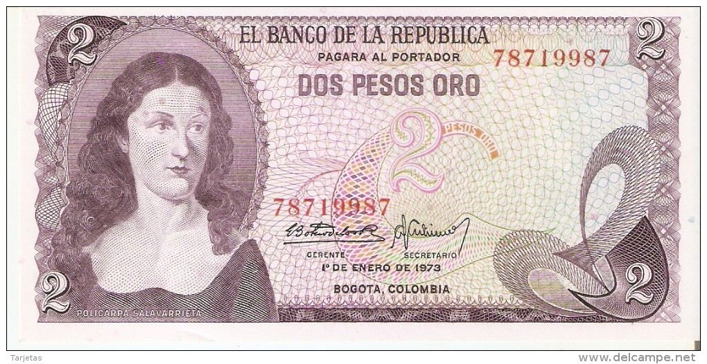 BILLETE DE COLOMBIA DE 2 PESOS DE ORO DEL AÑO 1973  (BANK NOTE) SIN CIRCULAR-UNCIRCULATED - Colombia