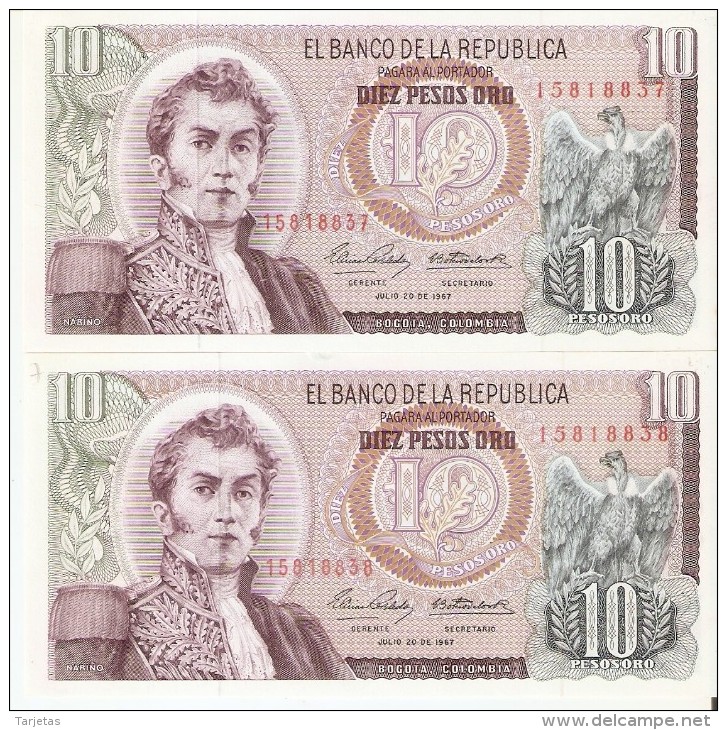 PAREJA CORRELATIVA DE COLOMBIA DE 10 PESOS DE ORO DEL AÑO 1967 (BANK NOTE) SIN CIRCULAR-UNCIRCULATED - Colombia