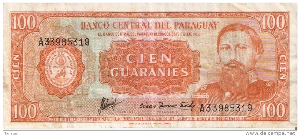 BILLETE DE PARAGUAY DE 100 GUARANIES DEL AÑO 1952  (BANKNOTE) - Paraguay