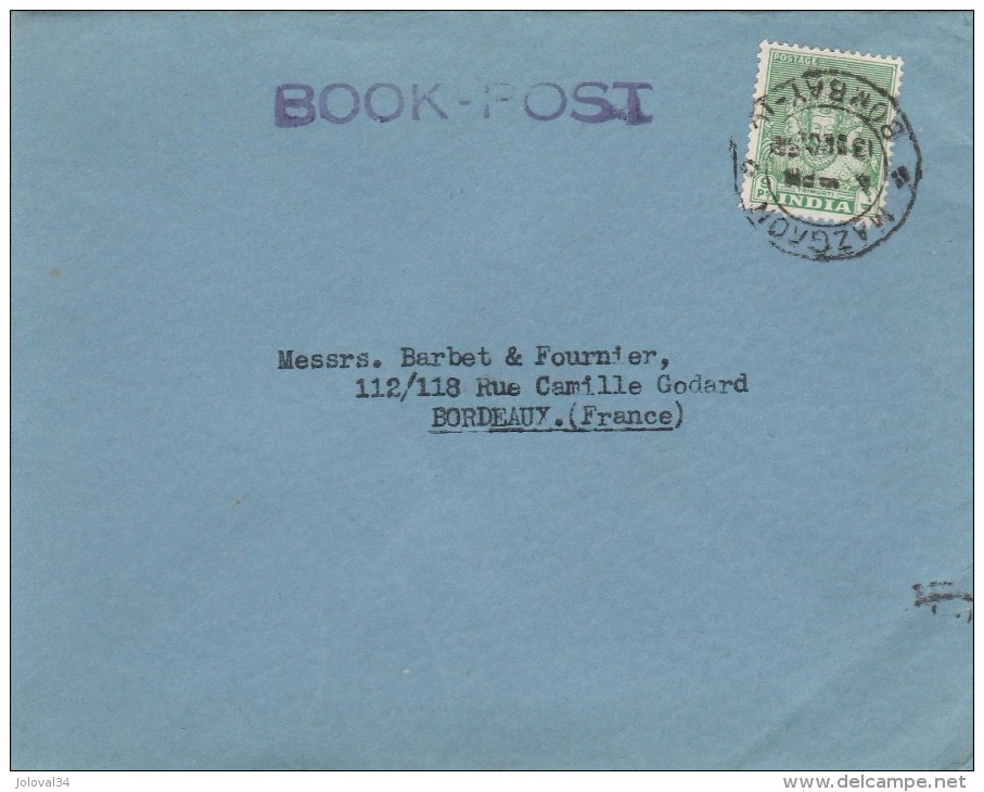 Inde - Yvert  9 Lettre Book Post Mazgaon Bombay 1951  Pour Bordeaux  Gironde France - Covers & Documents