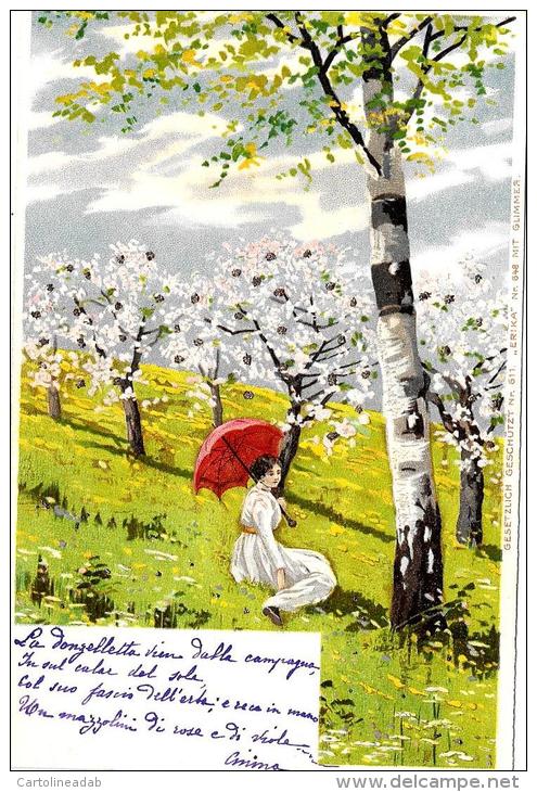 [DC4961] CARTOLINA - RAGAZZA CON OBRELLO SOTTO PESCHI IN FIORE - INCOLLATE PAILETTES - Non Viaggiata - Old Postcard - Alberi