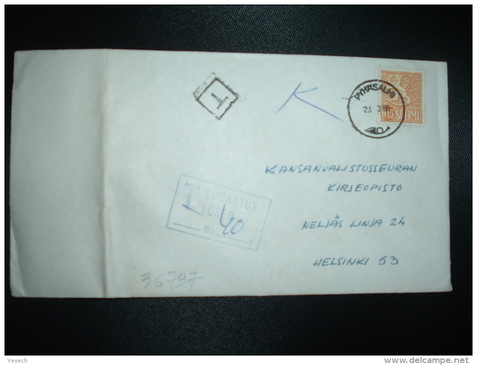 LETTRE TP 0,15 OBL.23-3-66 PYHASALMI + GRIFFE ENCADREE T LUNASTUS LOSEN + 40 P + CACHET T - Storia Postale