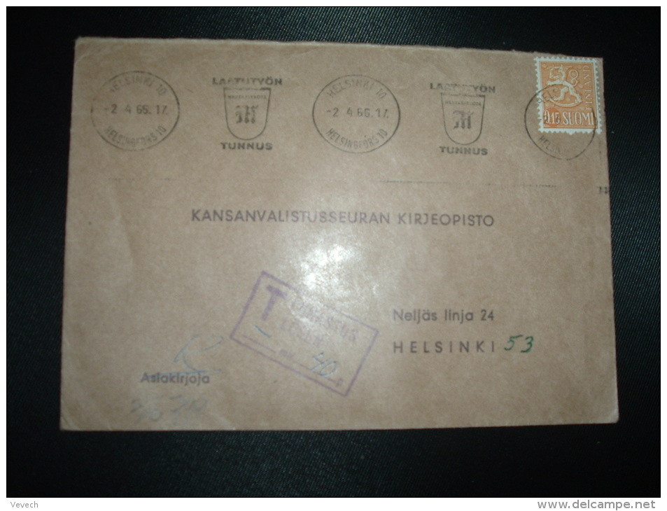 LETTRE TP 0,15 OBL.MEC.2-4-66 HELSINKI 10 + GRIFFE ENCADREE T LUNASTUS LOSEN + 40 P - Lettres & Documents