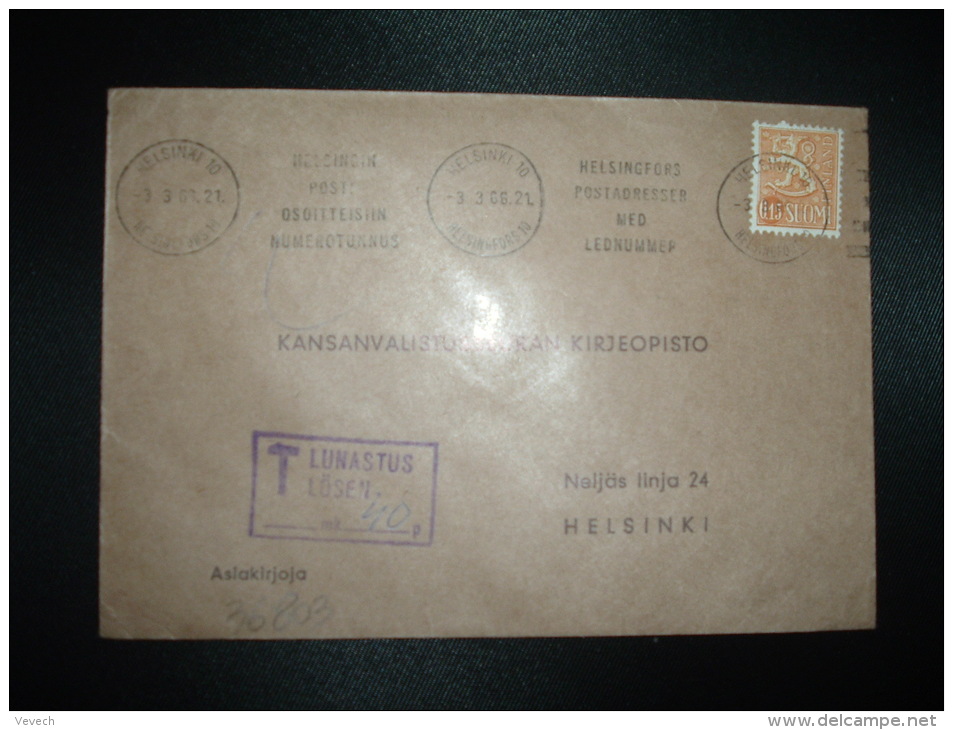 LETTRE TP 0,15 OBL.MEC.3-3-66 HELSINKI 10 + GRIFFE ENCADREE T LUNASTUS LOSEN + 40 P - Lettres & Documents