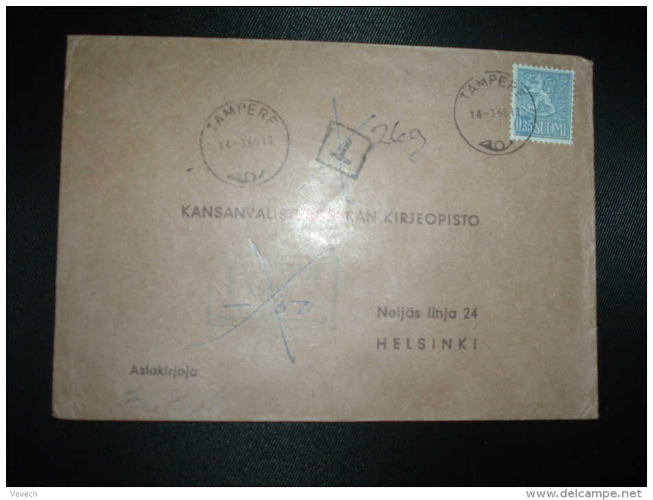 LETTRE TP 0,35 OBL.14-3-66 TAMPERE + GRIFFE ENCADREE T LUNASTUS LOSEN + 50 P  + CACHET T: Annulés - Brieven En Documenten