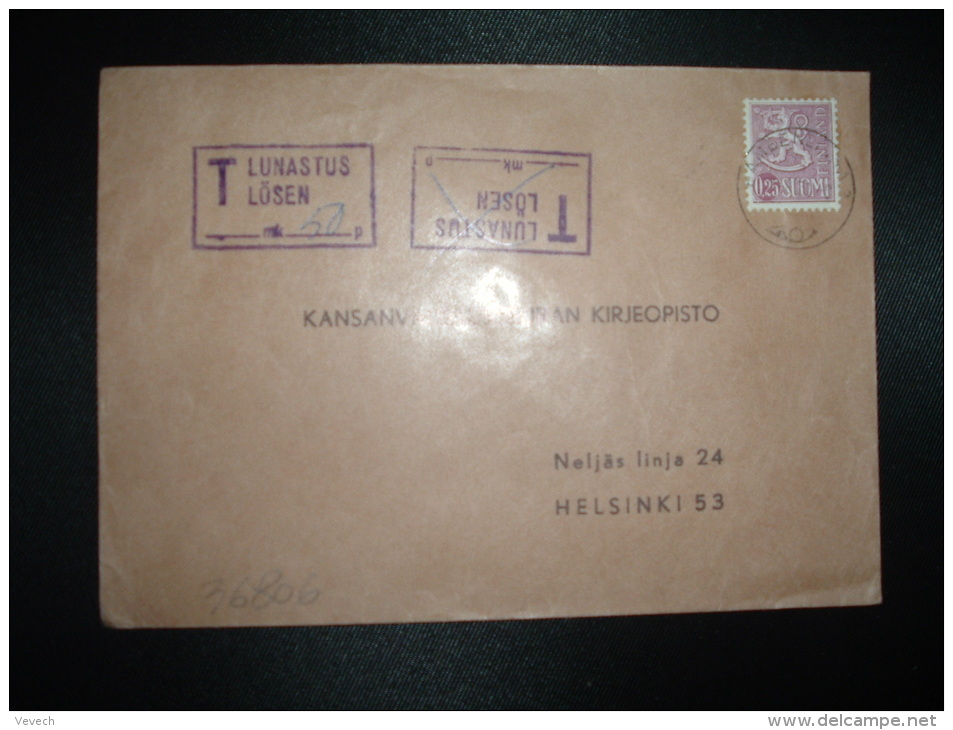 LETTRE TP 0,25 OBL.10-6-71 HAMEENLINNA + GRIFFE ENCADREE T LUNASTUS LOSEN + IDEM à L'envers Barrée+ 50 P - Storia Postale