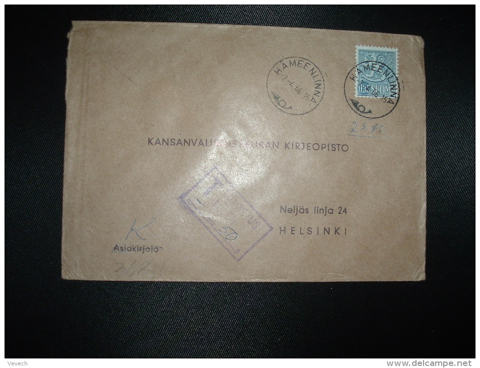 LETTRE TP 0,35 OBL.2-4-66 HAMEENLINNA + GRIFFE ENCADREE T LUNASTUS LOSEN + 50 P - Storia Postale