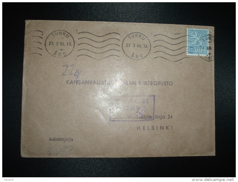 LETTRE TP 0,35 OBL.MEC.23-3-66 TURKU + GRIFFE ENCADREE T LUNASTUS LOSEN + 50 P - Storia Postale