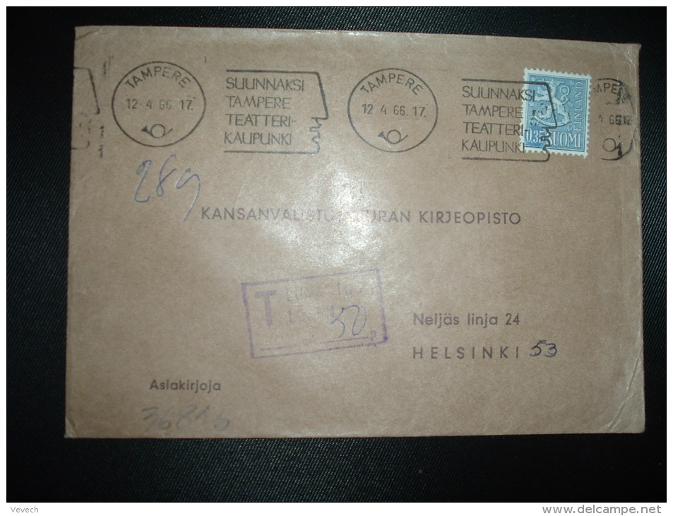 LETTRE TP 0,35 OBL.MEC.12-4-66 TAMPERE + GRIFFE ENCADREE T LUNASTUS LOSEN + 50 P - Cartas & Documentos