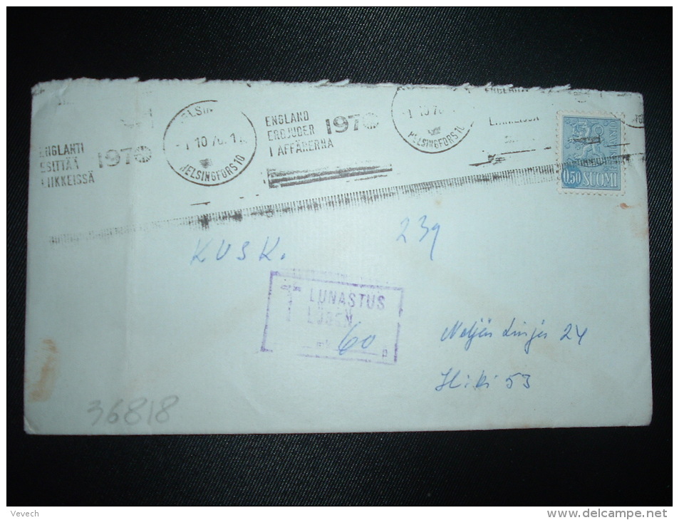 LETTRE TP 0,50 OBL.MEC.1-10-70 HELSINKI + GRIFFE ENCADREE T LUNASTUS LOSEN + 60 P - Lettres & Documents