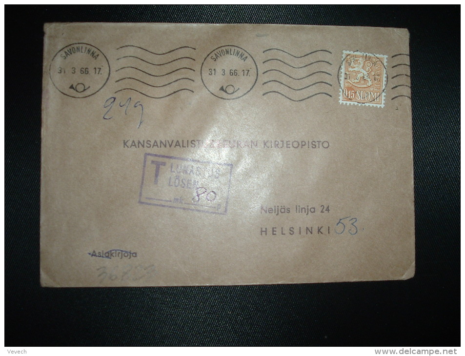 LETTRE TP 0,15 OBL.MEC.31-3-66 SAVONLINNA + GRIFFE ENCADREE T LUNASTUS LOSEN + 80 P - Storia Postale