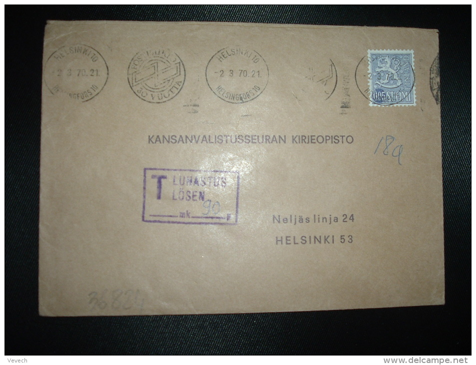 LETTRE TP 0,05 OBL.MEC.2-3-70 HELSINKI 10 + GRIFFE ENCADREE T LUNASTUS LOSEN + 90 P - Lettres & Documents