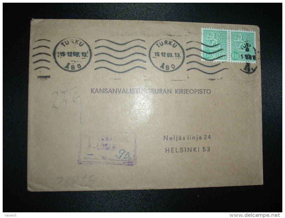 LETTRE TP 0,10 X2 OBL.MEC.15-12-69 TURKU ABO + GRIFFE ENCADREE T LUNASTUS LOSEN + 90 P - Lettres & Documents