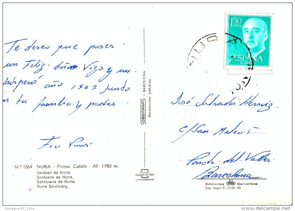 POSTAL-1966-NURIA -- Pirineu Catalá  --Alt.  1985 M. - Gerona