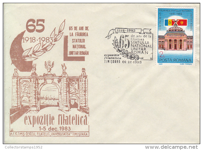28723- TIMISOARA PHILATELIC EXHIBITION, ALBA IULIA FORTRESS GATE, GREAT UNION, SPECIAL COVER, 1983, ROMANIA - Cartas & Documentos