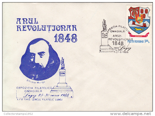 28731- LUGOJ PHILATELIC EXHIBITION, 1848 REVOLUTION ANNIVERSARY, SPECIAL COVER, COAT OF ARMS STAMP, 1988, ROMANIA - Cartas & Documentos