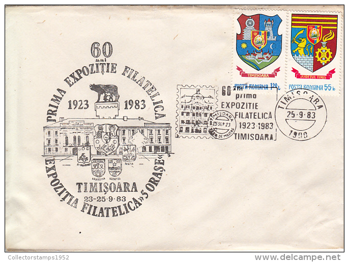 28747- TIMISOARA PHILATELIC EXHIBITION, COAT OF ARMS STAMPS, SPECIAL COVER, 1983, ROMANIA - Cartas & Documentos