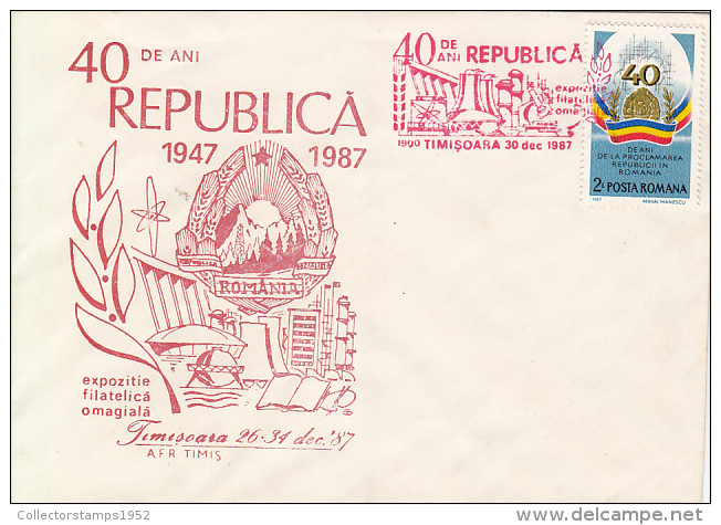 28764- REPUBLIC ANNIVERSARY, COAT OF ARMS, INDUSTRY, PHILATELIC EXHIBITION, SPECIAL COVER, 1987, ROMANIA - Storia Postale