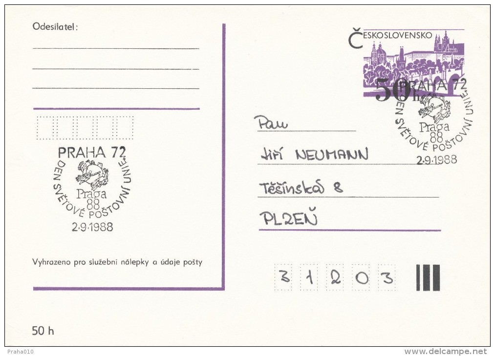 K0249 - Czechoslovakia (1988) Praha 72: The World Stamp Exhibition PRAGA 88; Day Of The Universal Postal Union (U.P.U.) - UPU (Wereldpostunie)