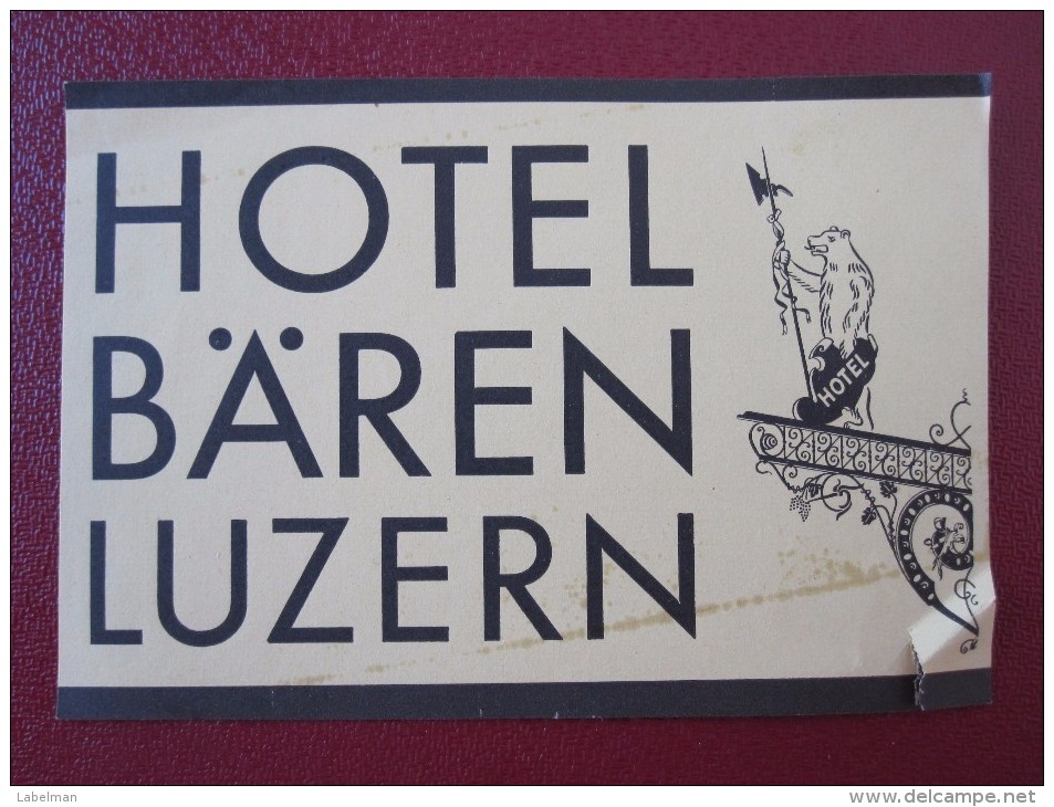 HOTEL PENSION GASTHOF BAREN LUZERN LUCERNE SWISS SWITZERLAND SCHWEITZ STICKER DECAL LUGGAGE LABEL ETIQUETTE AUFKLEBER - Hotel Labels