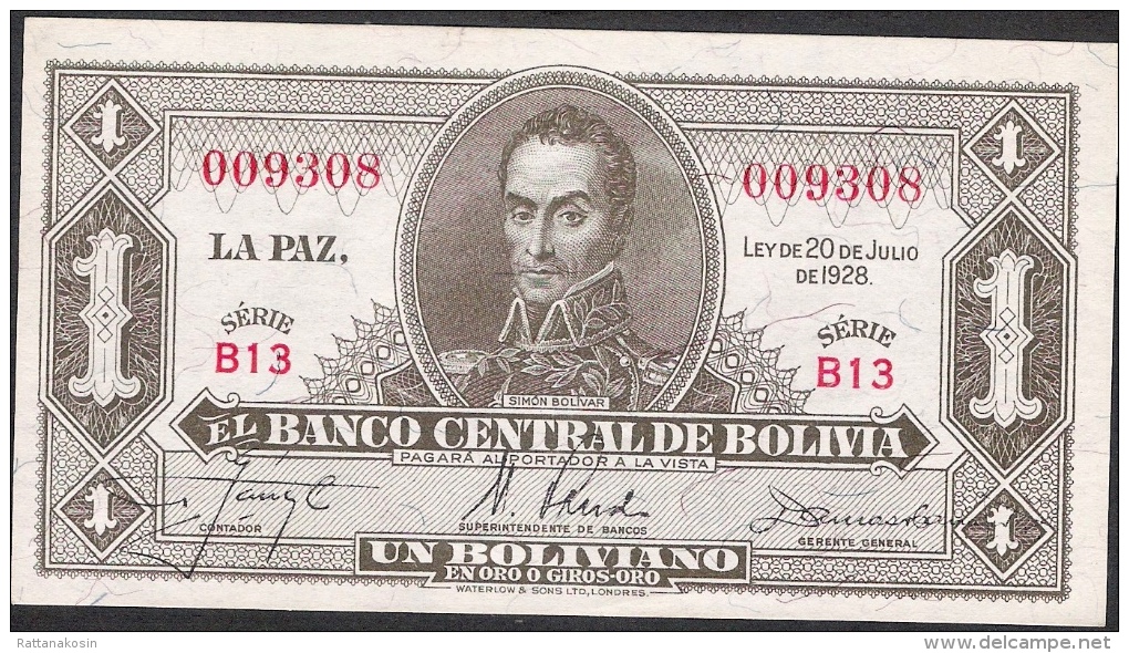 BOLIVIA P128  1 BOLIVIANO  1928   UNC. - Bolivia