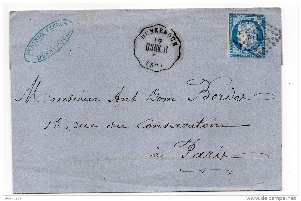 1875 - LETTRE De DUNKERQUE (NORD) Avec CACHET CONVOYEUR STATION - Poste Ferroviaire