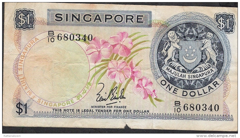 SINGAPORE  P1a 1 DOLLAR 1967 Signature 1    VG/F - Singapour