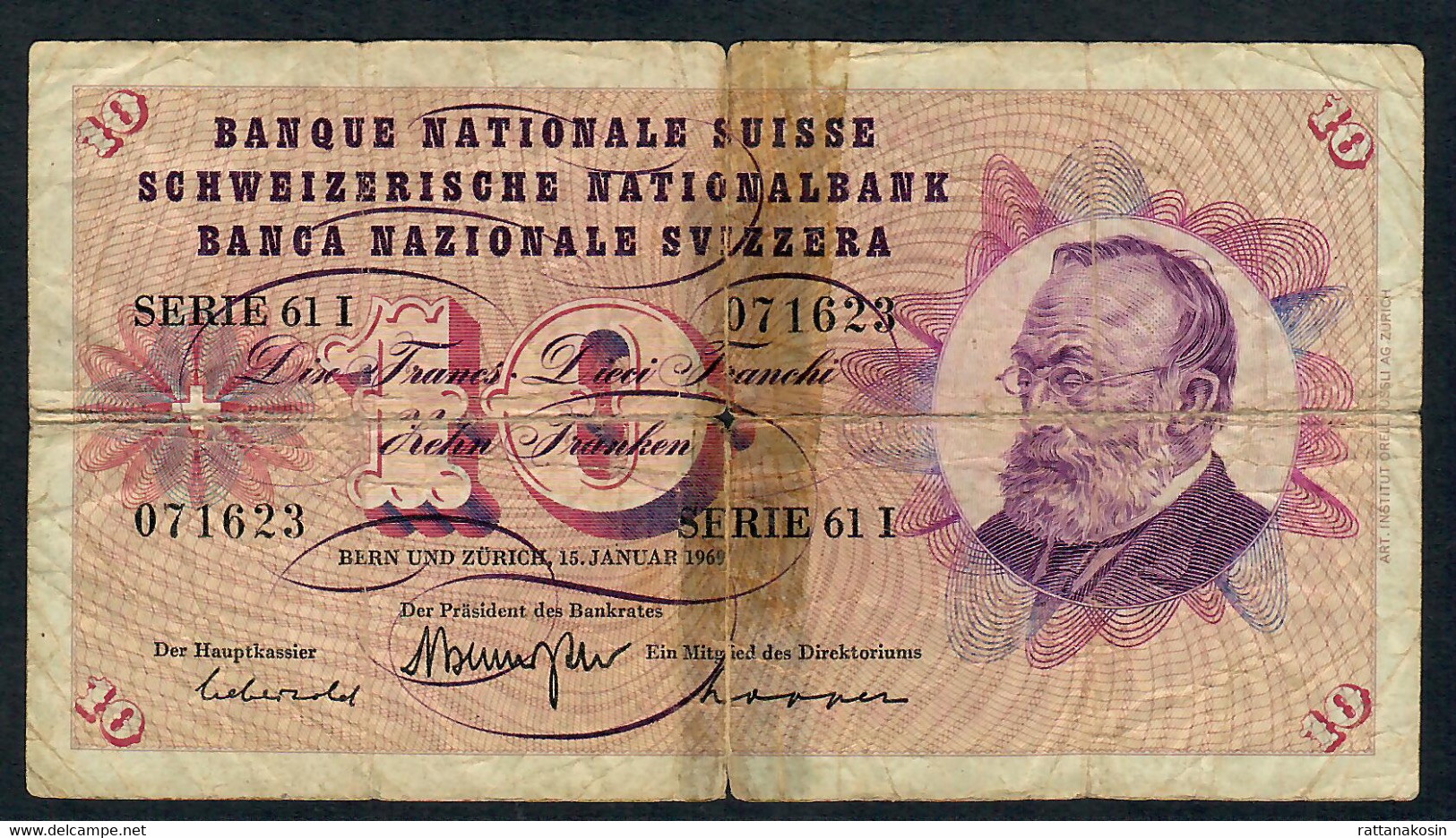 SWITZERLAND P45n  10  FRANCS 15.1.1969  VG - Schweiz