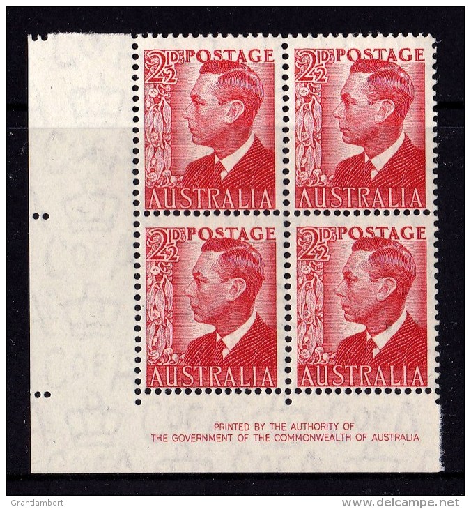 Australia 1950 King George VI 21/2d Scarlet Authority Imprint Block Of 4 MNH - Neufs