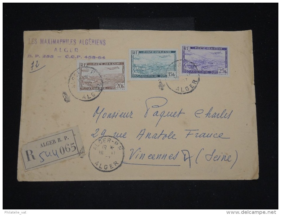 FRANCE - Enveloppe En Recommandée Avec P.A. D' Alger Pour Vincennes En 1947 - A Voir - Aff. Plaisant - Lot P10355 - Poste Aérienne